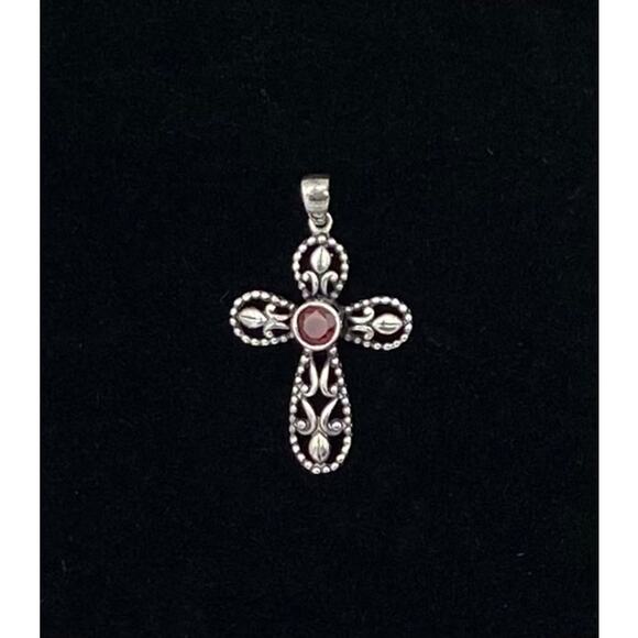 Vintage Sterling Silver Filigree Cross with Garnet Center Stone - Picture 1 of 9